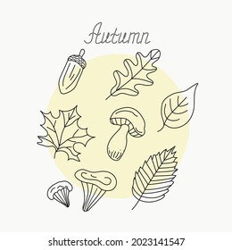 Autumn drawings. Set of hand drawn sketches: mushrooms, acorn and leaves. Doodle style. Isolated objects on a white background with a yellow circle and an inscription.