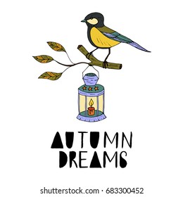 Autumn dreams. Handdrawn unique fall card with brush lettering quote. Vector doodle illustration.