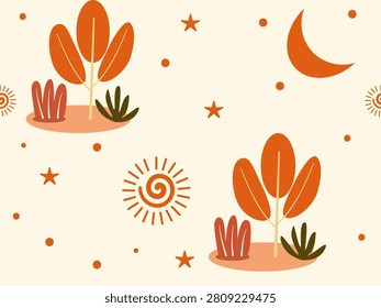 Autumn Dreamscape Pattern: A whimsical illustration of an autumnal scene featuring stylized trees with orange foliage, crescent moon, sun motifs, and scattered stars on a soft cream background.