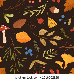 Autumn dried leaves flat vector seamless pattern. Different forest tree branches, mushrooms and berries decorative texture. Fall season foliage illustration. Botanical textile, wallpaper design.