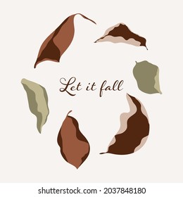 Autumn dried leaves illustration in trendy flat minimal style and earthy tones. Fall leaf chic concept