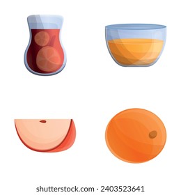 Autumn drink icons set cartoon vector. Homemade fruit tea and orange juice. Delicious healthy beverage