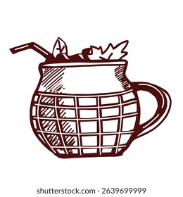 An autumn drink in a mug decorated with autumn leaves and marshmallows. Cozy seasonal beverage illustration. Hand-drawn vector sketch.