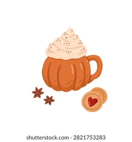 Autumn drink in pumpkin shaped mug, topped with whipped cream and chocolate sprinkles. Seasonal beverage shortbread cookies with jam and spices. Coffee or hot chocolate. Isolated flat vector clipart