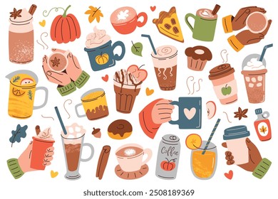 Bebidas y postres de otoño en estilo de dibujos animados planos. Colección acogedora con Ilustraciones vectoriales de manos con tazas de café, chocolate caliente, latte de especias de calabaza. Diseños de temporada y fiestas de otoño