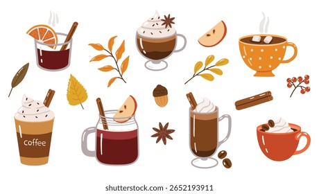 Elementos de bebidas de outono, coleção de doodle, bebidas quentes, café, chá, chocolate quente, conjunto acolhedor de outono