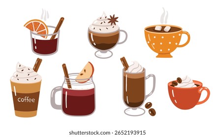 Elementos de bebidas de outono, coleção de doodle, bebidas quentes, café, chá, chocolate quente, conjunto acolhedor de outono