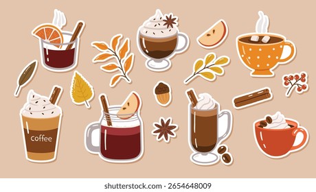 Autumn drinks elements, doodle collection, hot coffee, tea, hot chocolate, autumn cozy stickers
