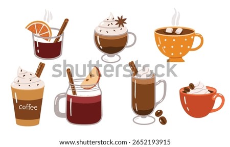 Autumn drinks elements, doodle collection, hot drinks, coffee, tea, hot chocolate, autumn cozy set