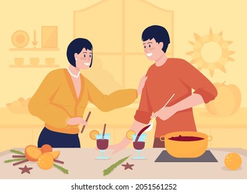 Autumn drinks flat color vector illustration. Cooking mulled wine at home together. Smiling man and woman. Happy couple in kitchen 2D cartoon characters with interior on background