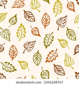 Autumn dry leaves on a light beige background. Simple vector seamless pattern. For prints of fabrics, textiles, packaging.