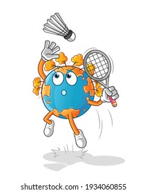 autumn earth smash at badminton cartoon. cartoon mascot vector