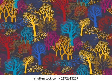 Autumn earth tones landscape with silhouettes of bare trees without leaves on brown background. Contrast colorful seamless pattern. Modern doodle illustration for fabric, wallpaper, packaging.