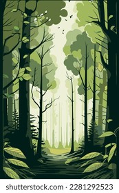 Autumn eco forest. Vertical panorama of the autumn forest. Vector illustration of autumn forest.