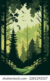 Selva ecológica otoñal. Panorama vertical del bosque de otoño. Ilustración vectorial del bosque otoñal.