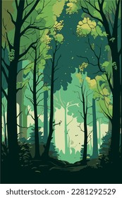 Selva ecológica otoñal. Panorama vertical del bosque de otoño. Ilustración vectorial del bosque otoñal.