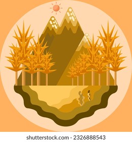 autumn ecosystem consists of tree, mountains, rivers and the sun in flat vector illustration design