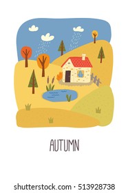 Autumn. Educational flash card. School activity book vector eps 10 hand drawn illustration. Preschool poster.