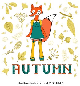 Autumn elegant card with cute fox character