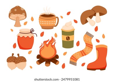 Autumn element and accessories flat style. food, drink and cloth for autumn