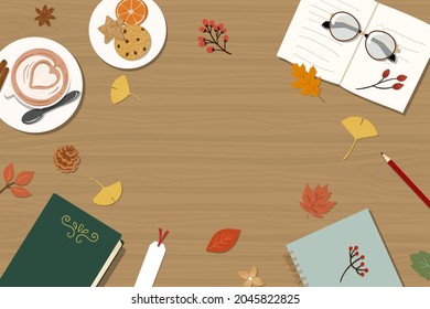 autumn element frame vector illustration02. books ,notes, coffee cup, cookies, grasses and leaves.