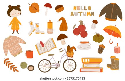 Conjunto grande do elemento de outono. Acolhedor clipart queda com menina, abóboras, folhas, cogumelos, roupas, livros, chá e bicicleta. Ilustração sazonal bonito em estilo de desenho animado plano