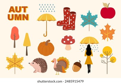 Autumn element object with tree,pumpkin,animal for party