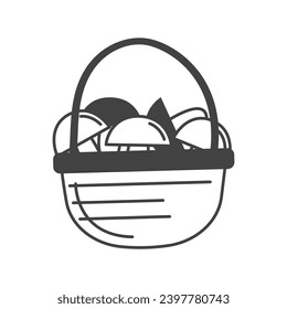Autumn element of set in black line design. Cozy autumn mood with a black-outlined basket of mushrooms create a warm atmosphere. Vector illustration.