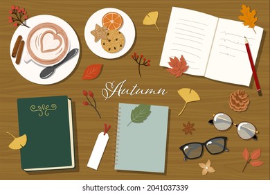 Herbstelement-Vektorgrafik. Bücher, Noten, Kaffeetasse, Kekse, Gräser und Blätter.