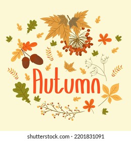 Autumn elements with beautiful lettering. Bright orange, yellow and dark green leaves and the inscription "autumn". Set of leaves, viburnum and acorns. Perfect for postcards, wrapping paper and banner