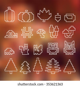 Autumn elements with blurred background, vector pixel set
