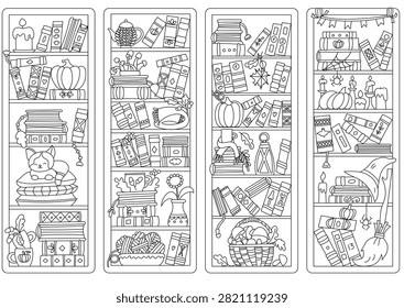 Autumn Elements Bookmark Set And Bookshelf Coloring Page