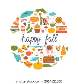 Autumn elements in circle with text gap and "happy fall" lettering.