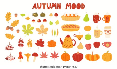 Autumn Elements Clipart Set, Leaves, Berries, Food, Apple, Pumpkin, Isolated On White. Hand Drawn Vector Illustrations Collection. Scene Creator Scandinavian Style Flat Design. Concept For Kids Print