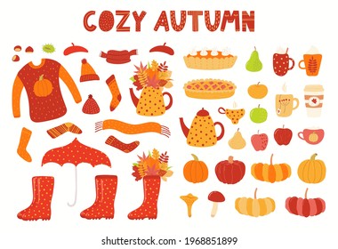 Autumn Elements Clipart Set, Leaves, Food, Apple, Pumpkin, Clothes, Isolated On White. Hand Drawn Vector Illustrations Collection. Scene Creator Scandinavian Style Flat Design. Concept For Kids Print