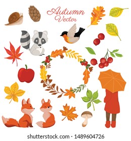 Autumn elements collection with decorative wreath. vector illustration