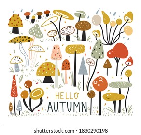 Autumn elements collection in flat style. Mushroom Forest. Colorful set with hand drawn mushrooms. Childish illustration in minimalist style. Scandinavian Swedish style.