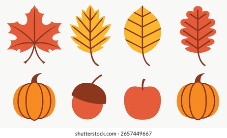 Autumn elements Collection of autumn leaves pumpkins and acorn Clipart illustration set
