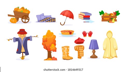 Autumn elements collection raincoat, harvest, vegetables, fruit, pie, hat, scarf, beret, book, kerosene lamp, rubber boots, scarecrow, wooden pumpkin cart. Harvest time autumn greeting card vector.
