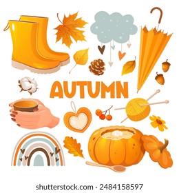 Autumn elements collection with rubber boots, seasonal leaves, hot drinks, pumpkin dishes, umbrella etc.