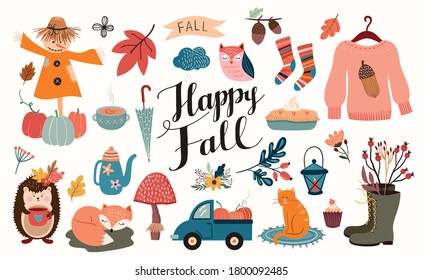 Autumn elements collection with seasonal cute elements and hand lettering, isolated on white