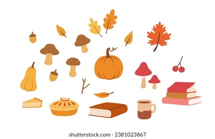 autumn elements collection.
set of mushroom, pumpkin, book, fall twigs, pie, hot cocoa, oak, autumn leaves