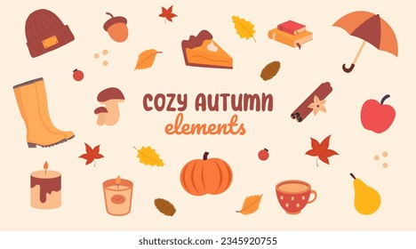 Autumn elements collection. Warm and cozy fall season icons. Boots, books, cinnamon, pumpkin pie.