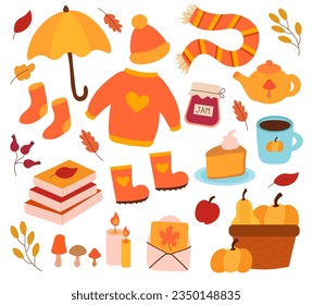 Autumn elements. Cozy sweater, hat, scarf and socks, umbrella. Basket pumpkins, books, candles. Rubber boots. Pumpkin pie. Teapot and berry jam. Flat vector set