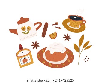 Autumn elements in cute cartoon flat vector style, isolated on white background. Composition with cozy hand drawn fall stickers - candle, cinnamon roll, teapot, mug, clove and anise star.