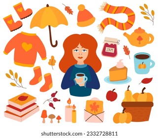 Autumn elements. Cute girl hold a cup of coffee. Cozy sweater, hat, scarf and socks, umbrella. Basket pumpkins, books, candles. Rubber boots. Pumpkin pie. Teapot and berry jam. Cartoon flat vector set