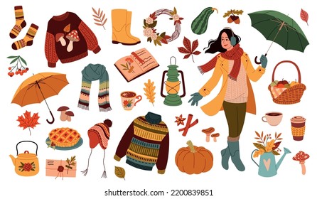 Elementos del otoño. Una chica linda vestida de ropa cálida para la temporada de lluvias sostiene paraguas, coquetas cositas y objetos botánicos, hojas anaranjadas y hervidor con té caliente, dibujos animados planos conjunto vector