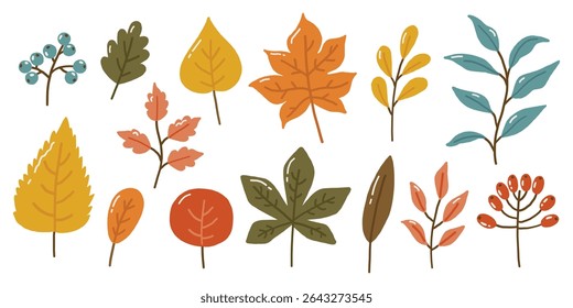 Autumn elements doodle illustration, autumn colored leaves, autumn cozy set