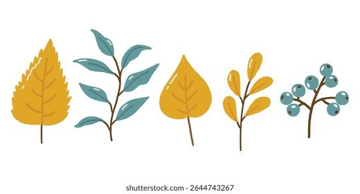 Autumn elements doodle illustration, autumn colored leaves, autumn cozy set