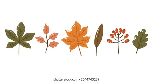Autumn elements doodle illustration, autumn colored leaves, autumn cozy set